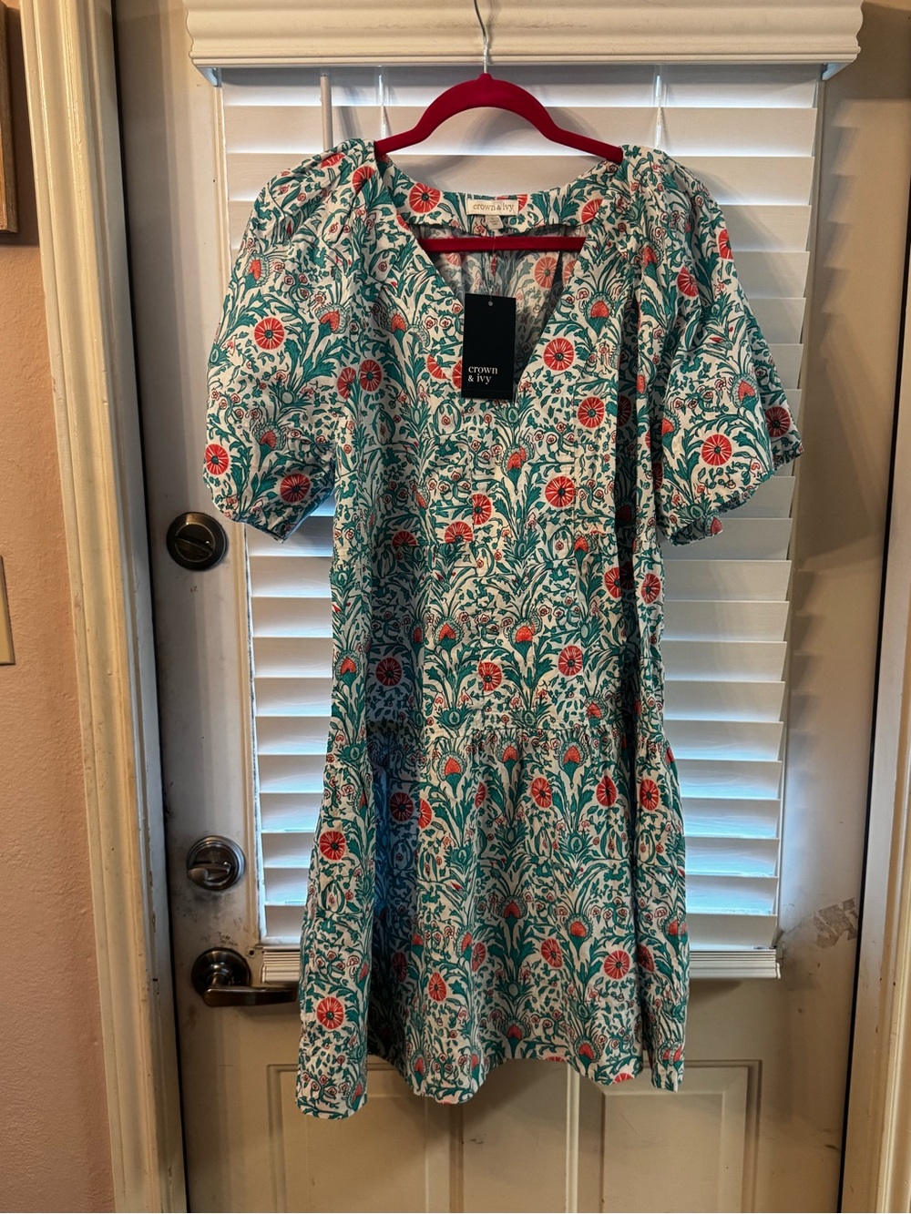 crown & ivy Teal Floral Mini Dress with Coral Accents NWT***